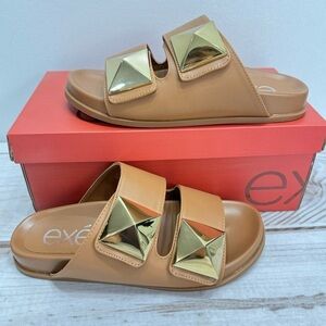 exe Tan Vegan Leather Molded Footbed Sandals with Large Brass Tone Studs NEW